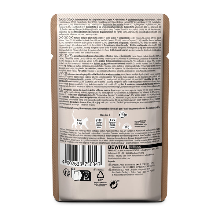 Parte trasera del pouch Leonardo Menú de Carne con ingredientes, análisis nutricional y recomendaciones de alimentación