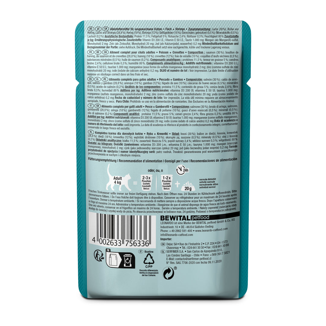 Parte trasera del pouch Leonardo Pescado con gambas mostrando ingredientes, análisis nutricional y recomendaciones de alimentación