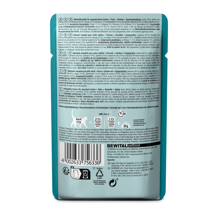 Parte trasera del pouch Leonardo Pescado con gambas mostrando ingredientes, análisis nutricional y recomendaciones de alimentación