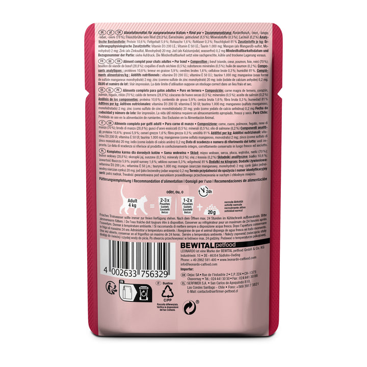 Parte trasera del pouch Leonardo Ternera Pura mostrando ingredientes, análisis nutricional y recomendaciones de alimentación