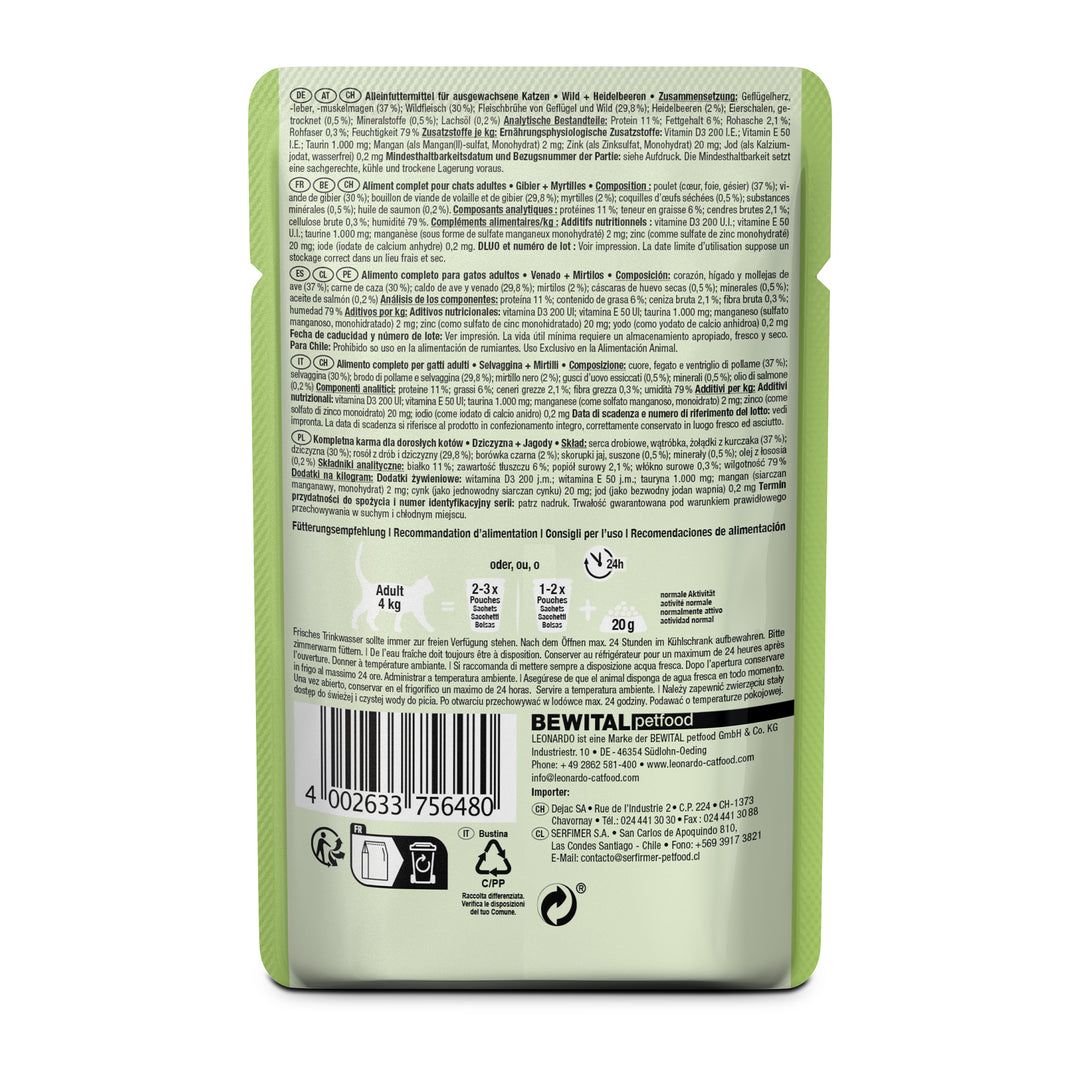 Parte trasera del pouch Leonardo Venado con arándanos con ingredientes, análisis y recomendaciones de alimentación