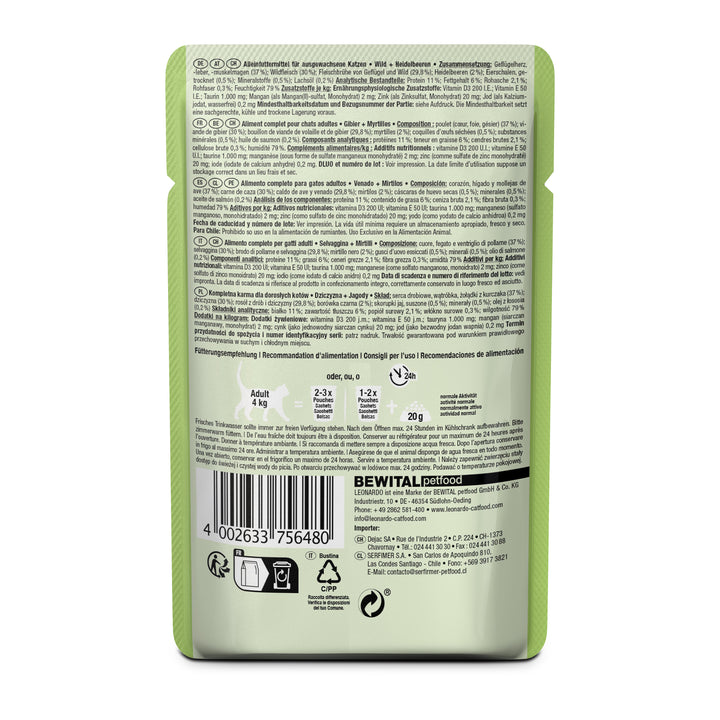 Parte trasera del pouch Leonardo Venado con arándanos con ingredientes, análisis y recomendaciones de alimentación