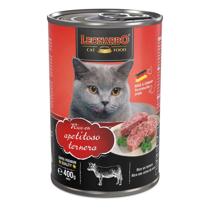 Lata Leonardo para gatos con ternera 25%, alto valor biológico, sin cereales, formato 400 g