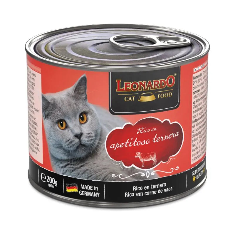 Lata Leonardo comida húmeda para gatos adultos con ternera, receta sin cereales, 400 g