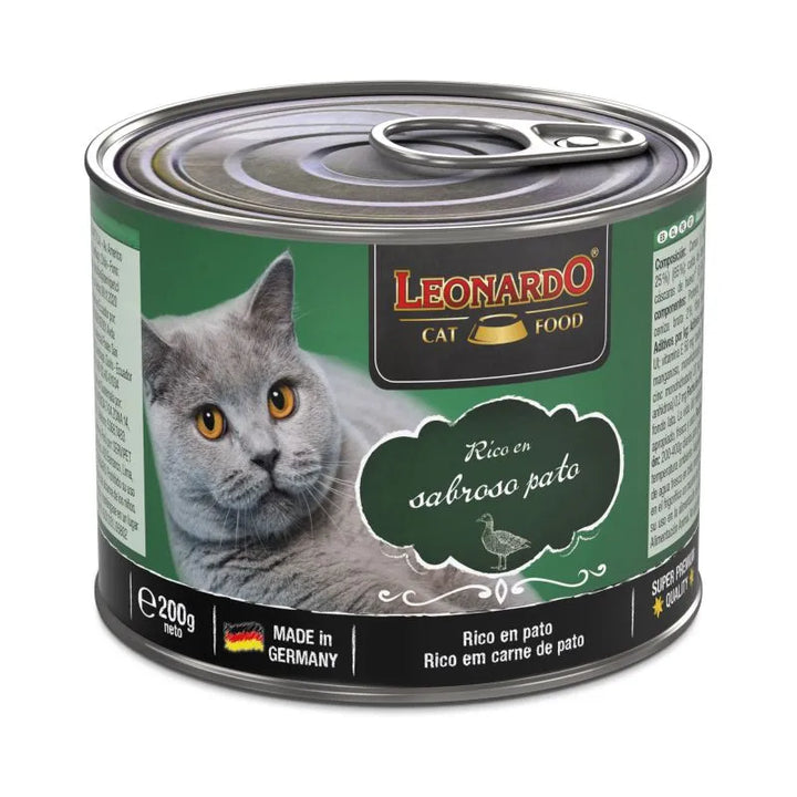 Lata de comida húmeda Leonardo para gatos adultos rica en pato sin cereales