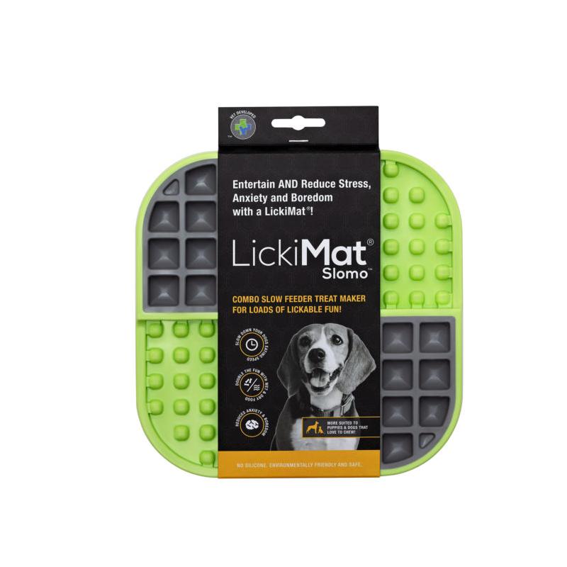 LickiMat Slomo verde 20x20 cm con doble textura para alimentación lenta y enriquecimiento en perros y gatos