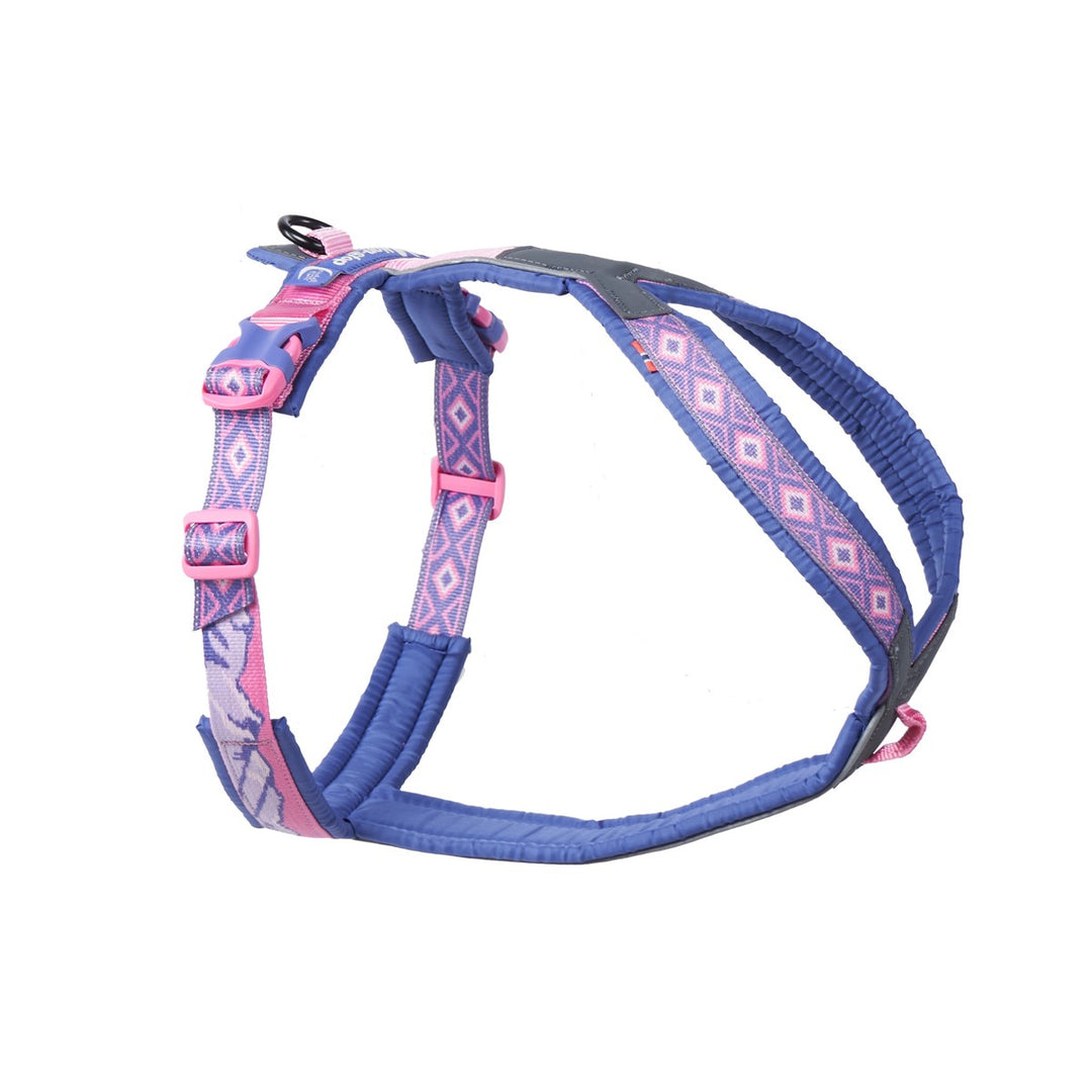 Imagen del arnés Non-stop Dogwear Line Harness 5.0 Rachel Pohl Purple Pink. Presenta un estampado exclusivo con colores inspirados en la naturaleza, estructura acolchada y anillas reforzadas. Ideal para perros activos y amantes del diseño.