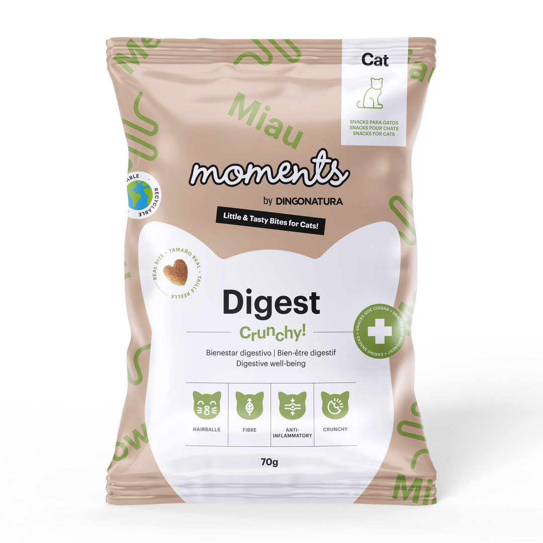 Bolsa de snacks Natura Diet Moments Cat Digest para gatos, 70g, alimento complementario natural con jengibre y espirulina que favorece la digestión y el bienestar intestinal.
