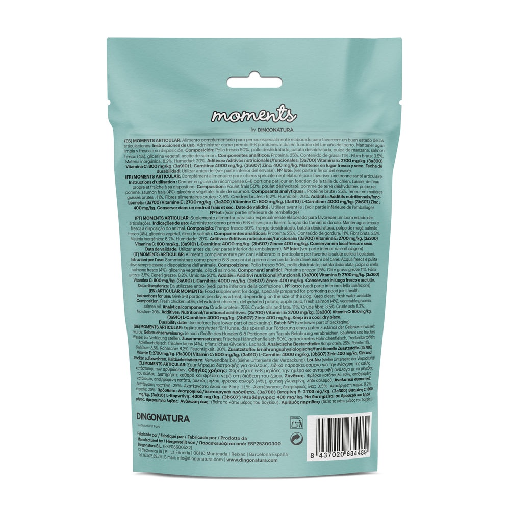 Bolsa de snacks Natura Diet Moments Dog Articular para perros, 150g, alimento complementario natural con pollo y salmón que favorece la movilidad y la salud articular.