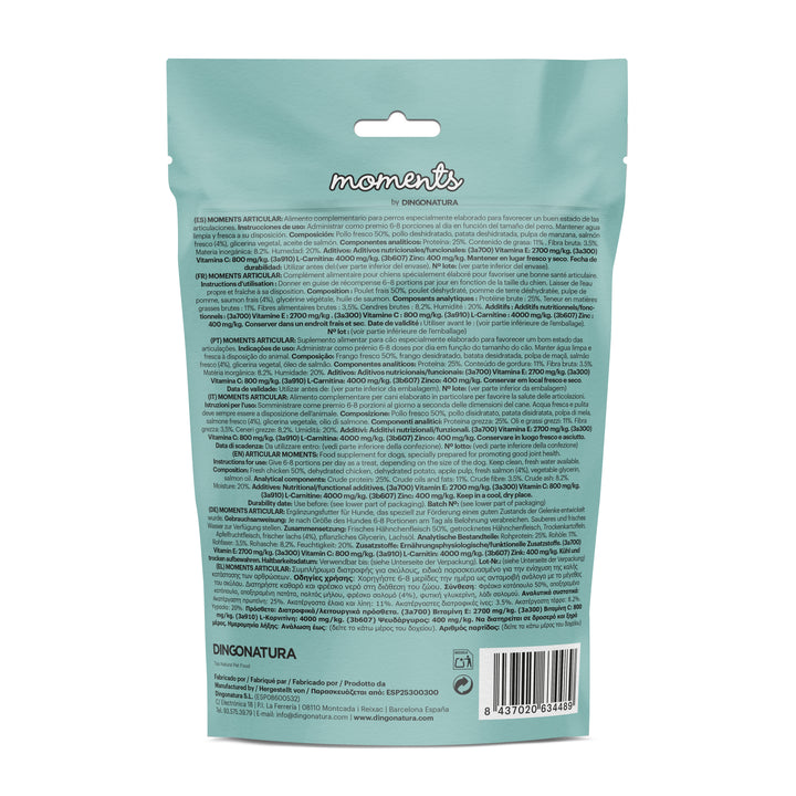 Bolsa de snacks Natura Diet Moments Dog Articular para perros, 150g, alimento complementario natural con pollo y salmón que favorece la movilidad y la salud articular.