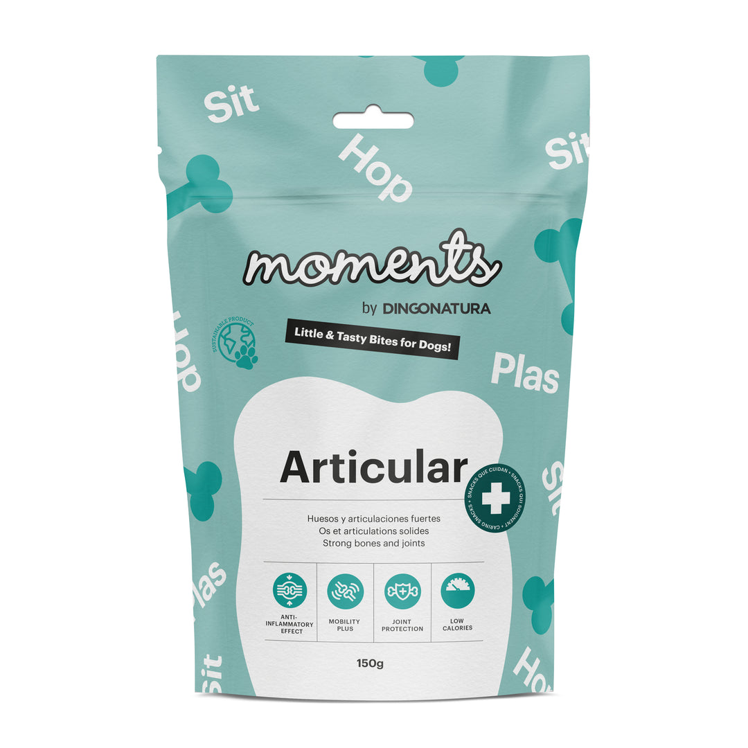 Bolsa de snacks Natura Diet Moments Dog Articular para perros, 150g, alimento complementario natural con pollo y salmón que favorece la movilidad y la salud articular.