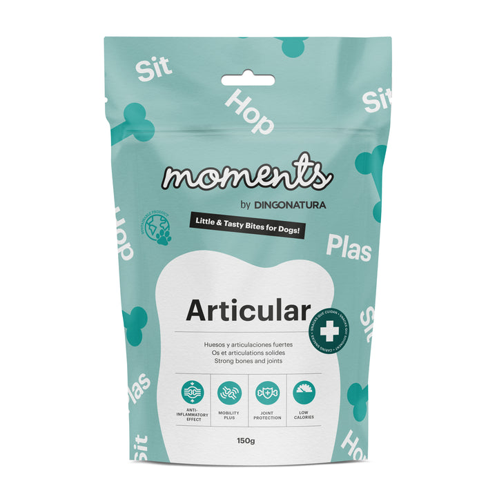 Bolsa de snacks Natura Diet Moments Dog Articular para perros, 150g, alimento complementario natural con pollo y salmón que favorece la movilidad y la salud articular.