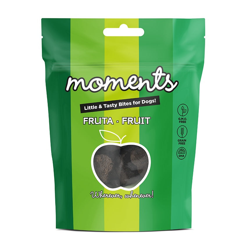 Bolsa de snacks Natura Diet Moments Dog Fruta para perros, 60g, alimento complementario natural con pollo, manzana y pera, rico en DHA y antioxidantes, sin cereales.
