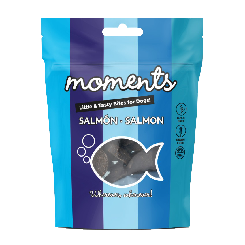 Bolsa de snacks Natura Diet Moments Dog Salmón para perros, 60g, alimento complementario natural con salmón y DHA, sin cereales, que favorece la piel, el pelo y las articulaciones.