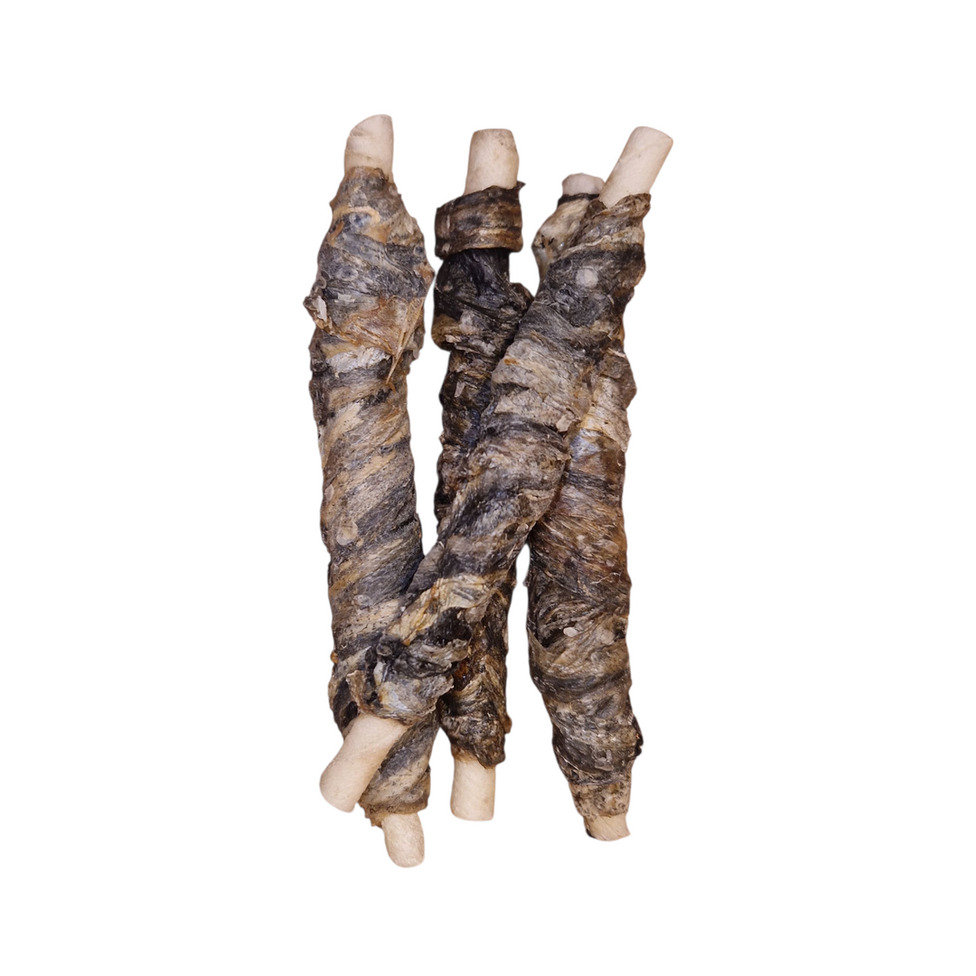 Palito de piel de bacalao para perros, snack natural de pescado alto en proteínas y bajo en grasa