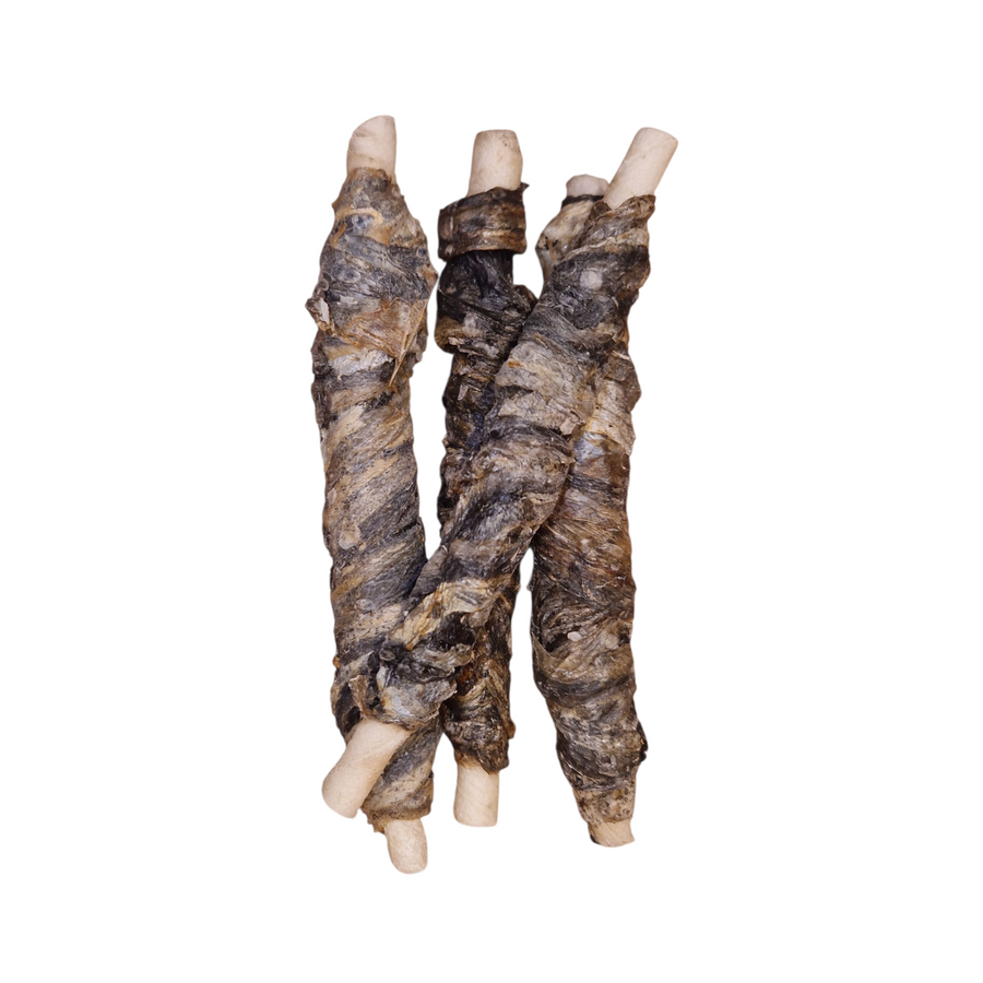 Palito de piel de bacalao para perros, snack natural de pescado alto en proteínas y bajo en grasa