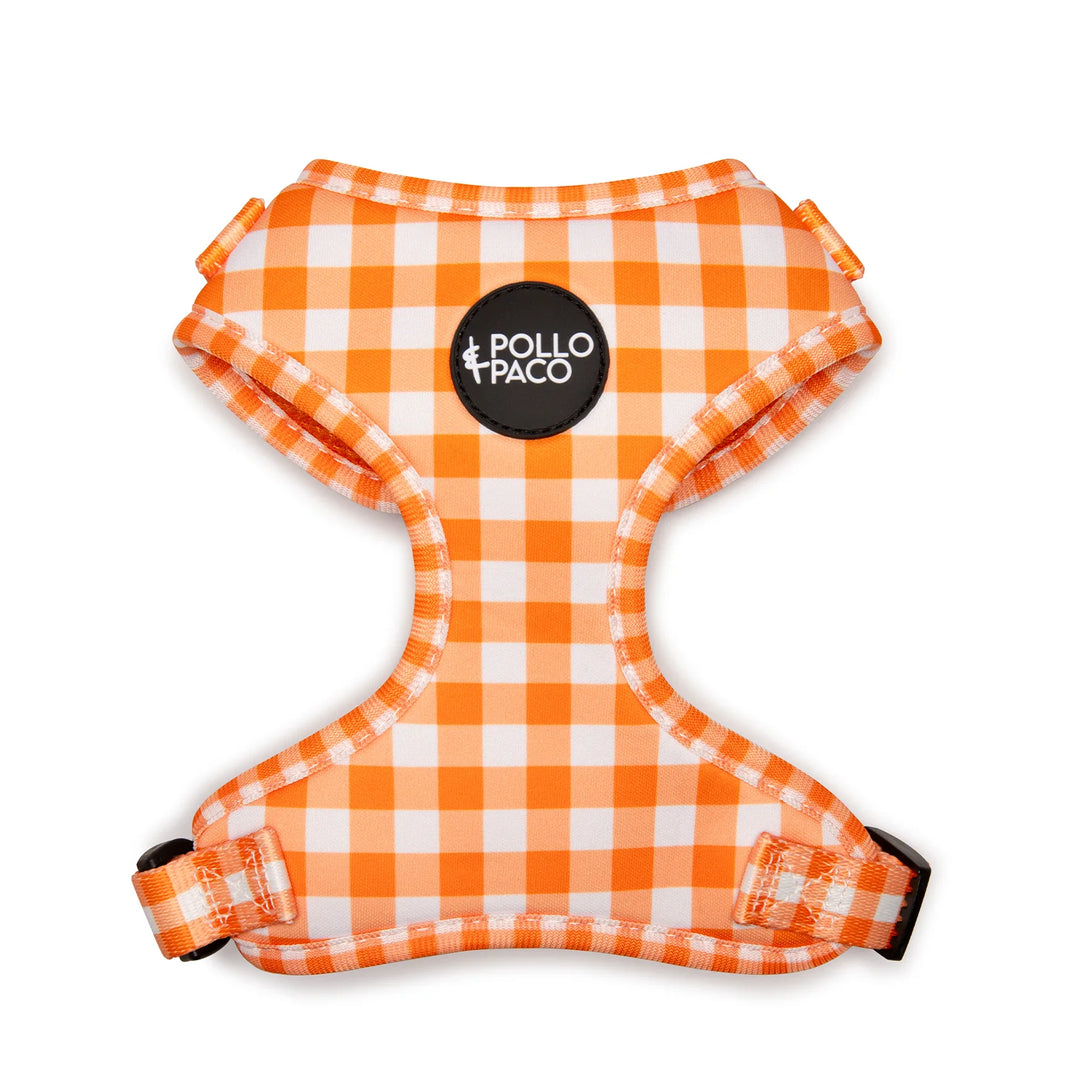 Arnés naranja de cuadros vichy para perro marca Pollo & Paco, diseño cómodo y ajustable, ideal para paseos diarios con estilo y seguridad.