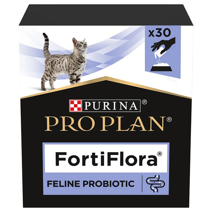 Purina Pro Plan FortiFlora Feline Probiotic en caja con 30 sobres, suplemento probiótico para gatos que ayuda a equilibrar la flora intestinal y mejorar la digestión