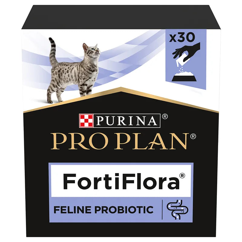 Purina Pro Plan FortiFlora Feline Probiotic en caja con 30 sobres, suplemento probiótico para gatos que ayuda a equilibrar la flora intestinal y mejorar la digestión