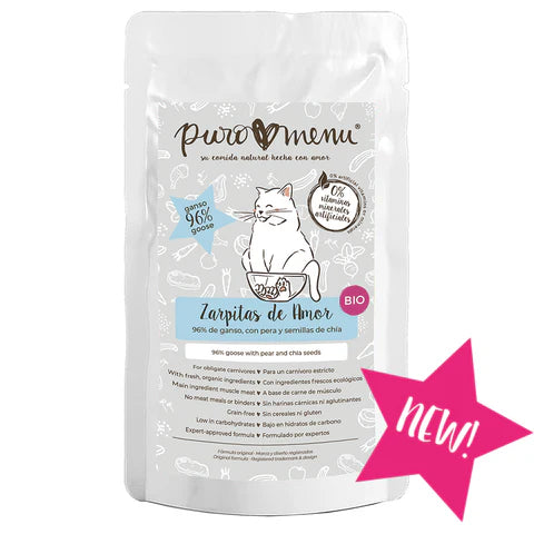Sobre de comida húmeda ecológica PuroMenu Zarpitas de Amor BIO ganso para gatos 100 g