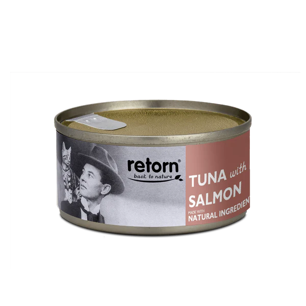 Lata de comida complementaria para gatos de la marca retorn de atun con salmon