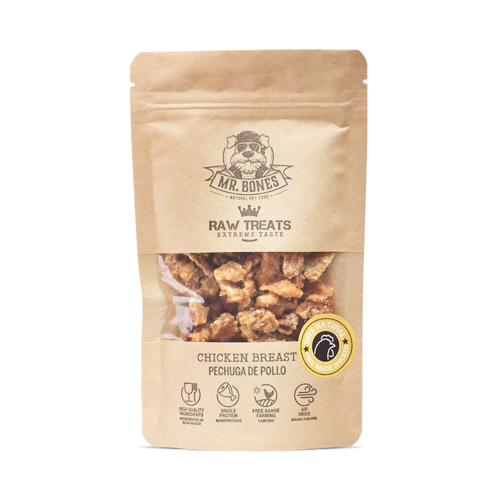 Snack saludable de pollo natural para perros y gatos, ideal como premio diario.