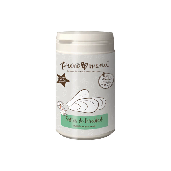 Bote de Saltos de Felicidad de Puromenu, suplemento natural de mejillón de labio verde para la salud articular y movilidad en perros y gatos