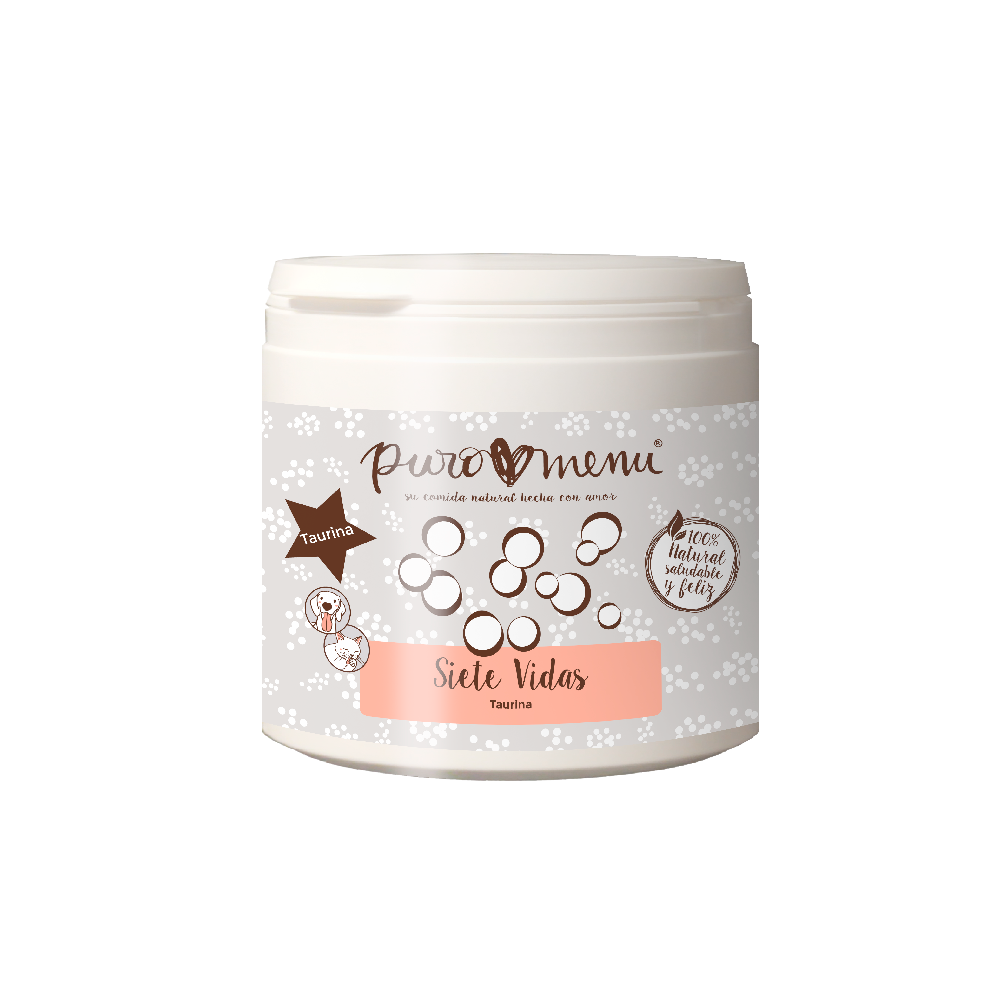 Bote de Siete Vidas de Puromenu, taurina pura en polvo 100% natural para gatos y perros, apoyo para corazón, visión y sistema nervioso