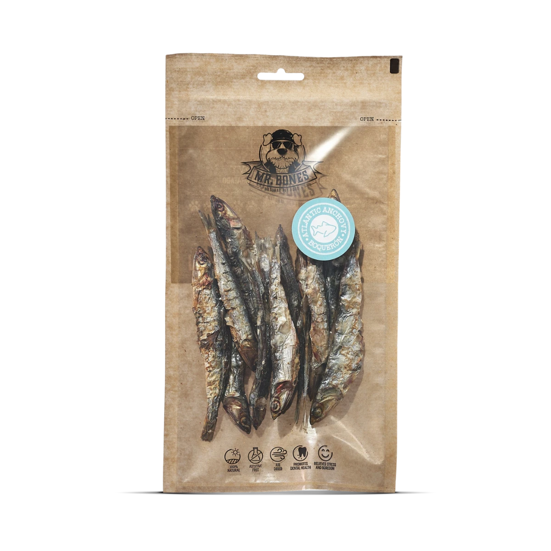 Snack natural para perros Mr. Bones de boquerón del Atlántico, 100 % natural, rico en omega 3 y perfecto como premio saludable.