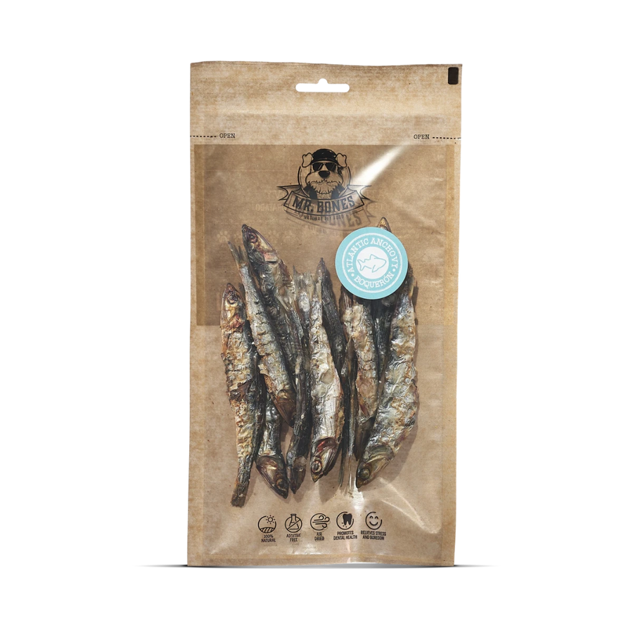 Snack natural para perros Mr. Bones de boquerón del Atlántico, 100 % natural, rico en omega 3 y perfecto como premio saludable.