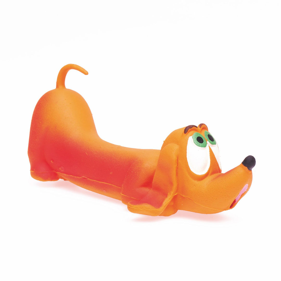 Juguete para perro Teckel Brunete color naranja degradado con pito, diseño alargado de látex natural estilo cómic