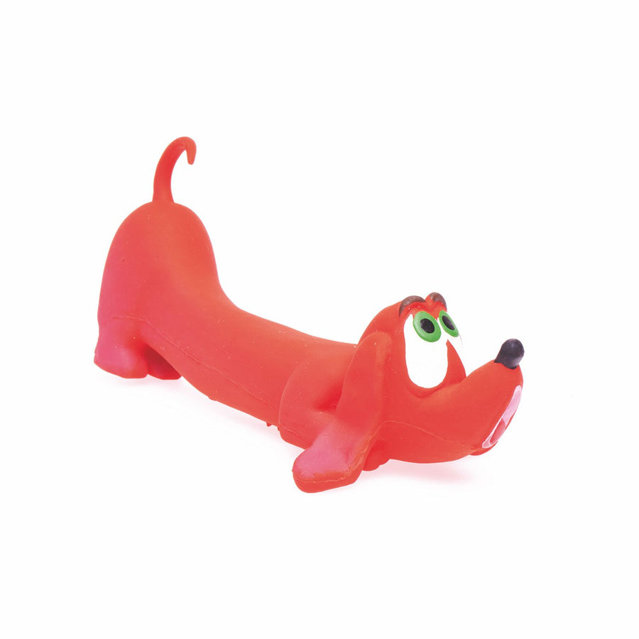 Juguete para perro Teckel Brunete rojo con pito, diseño alargado tipo salchicha de material natural hecho a mano