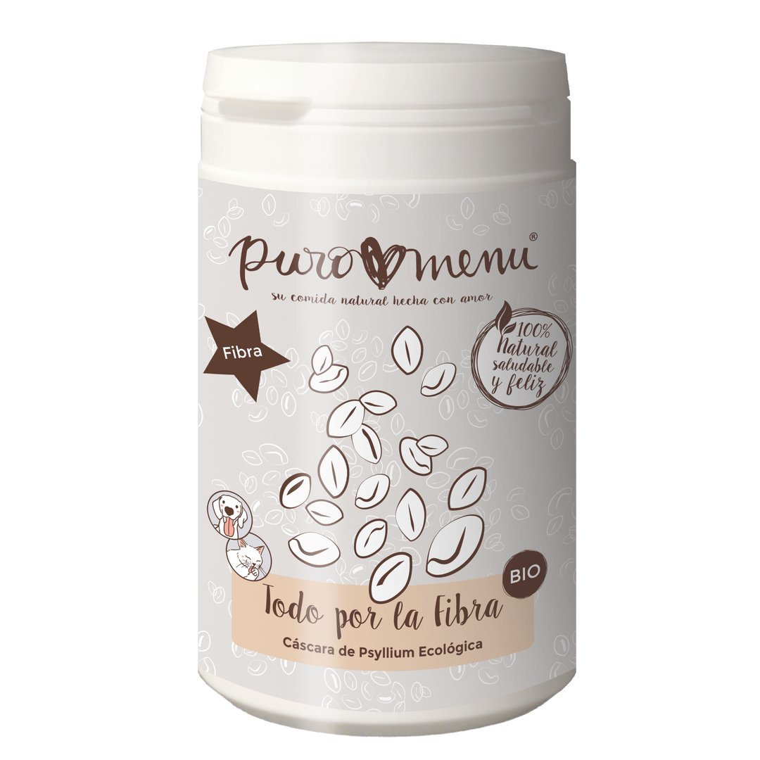 Bote de Todo por la Fibra BIO de Puromenu, suplemento natural de cáscara de psyllium ecológica para regular el tránsito intestinal en perros y gatos