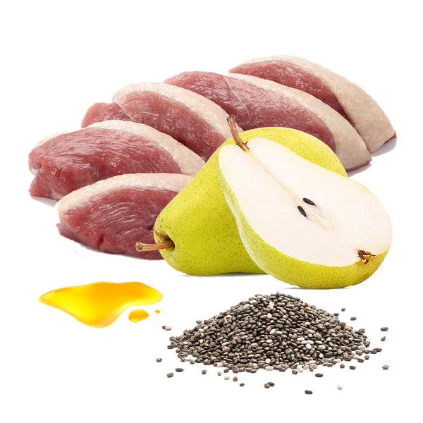 Ingredientes de Zarpitas de Amor BIO para gatos con ganso, pera, semillas de chía y aceite de hígado de bacalao
