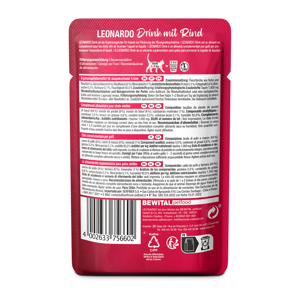 Parte trasera del sobre Leonardo Drink de pollo y ternera para gatos, información nutricional y composición del alimento complementario líquido.