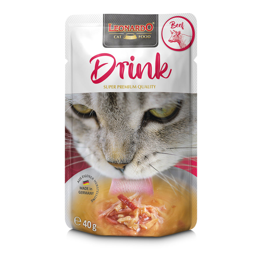 Leonardo Drink caldo de pollo y ternera para gatos, alimento complementario líquido que favorece la hidratación y aporta taurina.