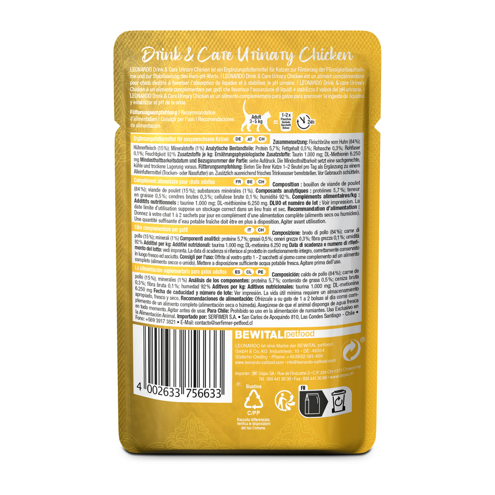 Parte trasera del sobre Leonardo Drink & Care Urinary de pollo para gatos, composición e información nutricional del caldo funcional.
