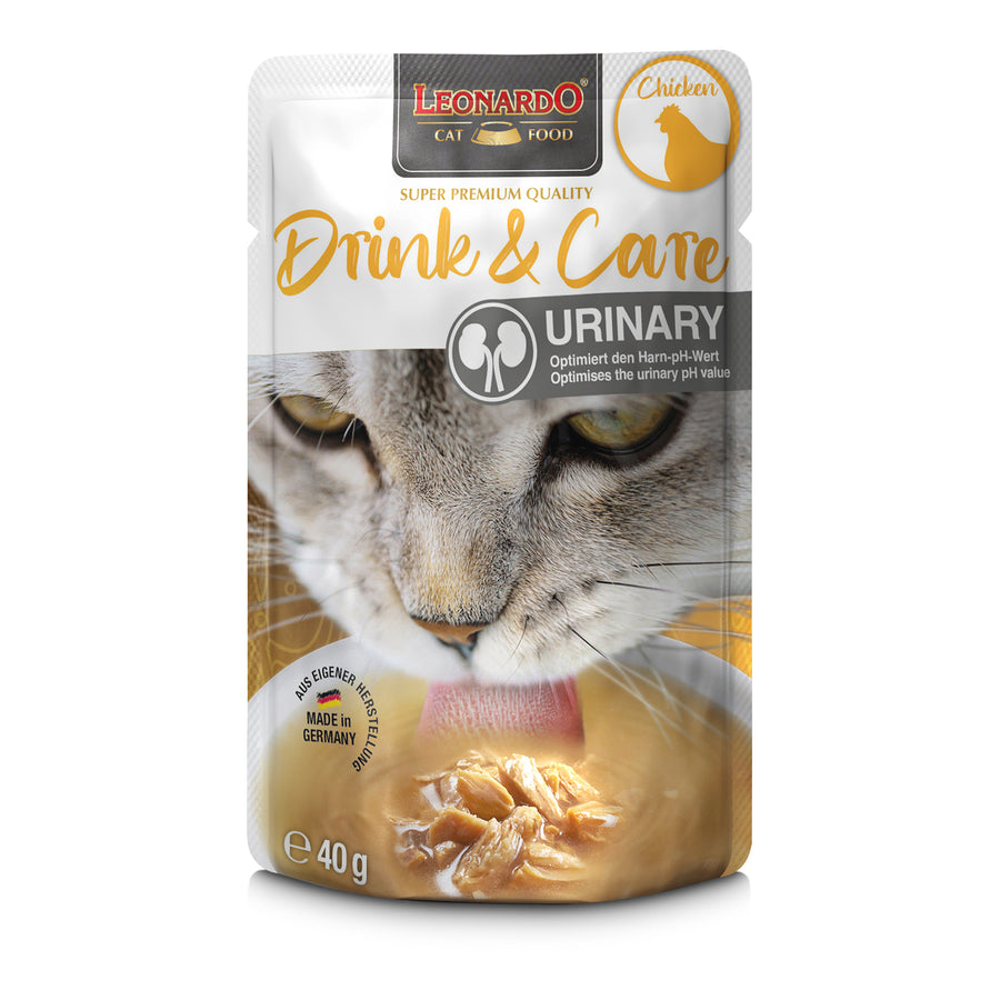 Leonardo Drink & Care Urinary de pollo para gatos, caldo funcional que favorece la hidratación y la salud urinaria.