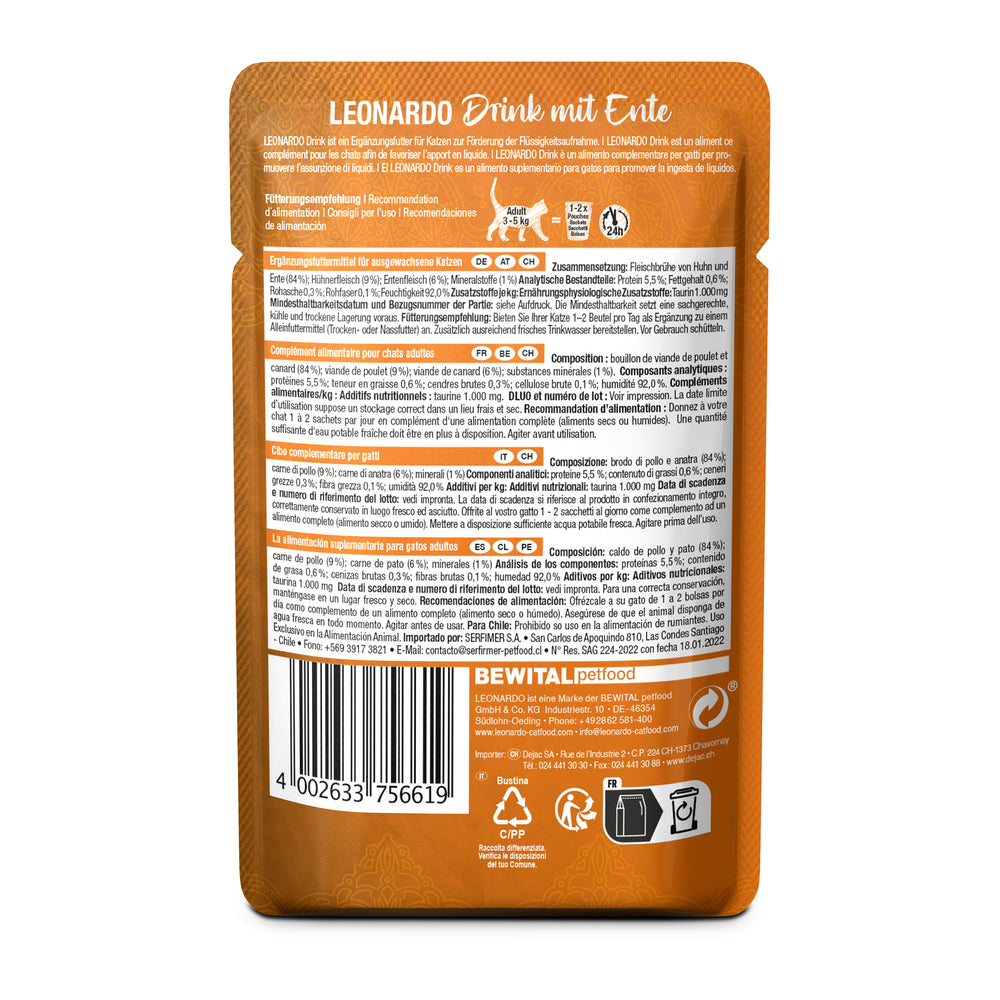 Parte trasera del sobre Leonardo Drink pato y pollo para gatos con información nutricional.