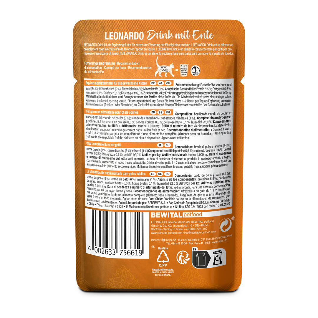 Parte trasera del sobre Leonardo Drink pato y pollo para gatos con información nutricional.