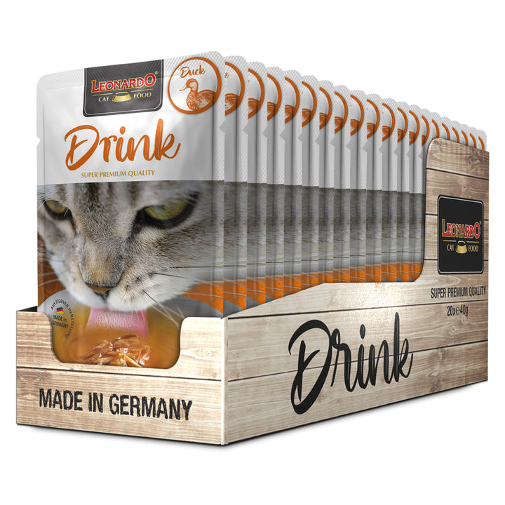 Expositor Leonardo Drink pato y pollo para gatos, sobres de caldo natural super premium.