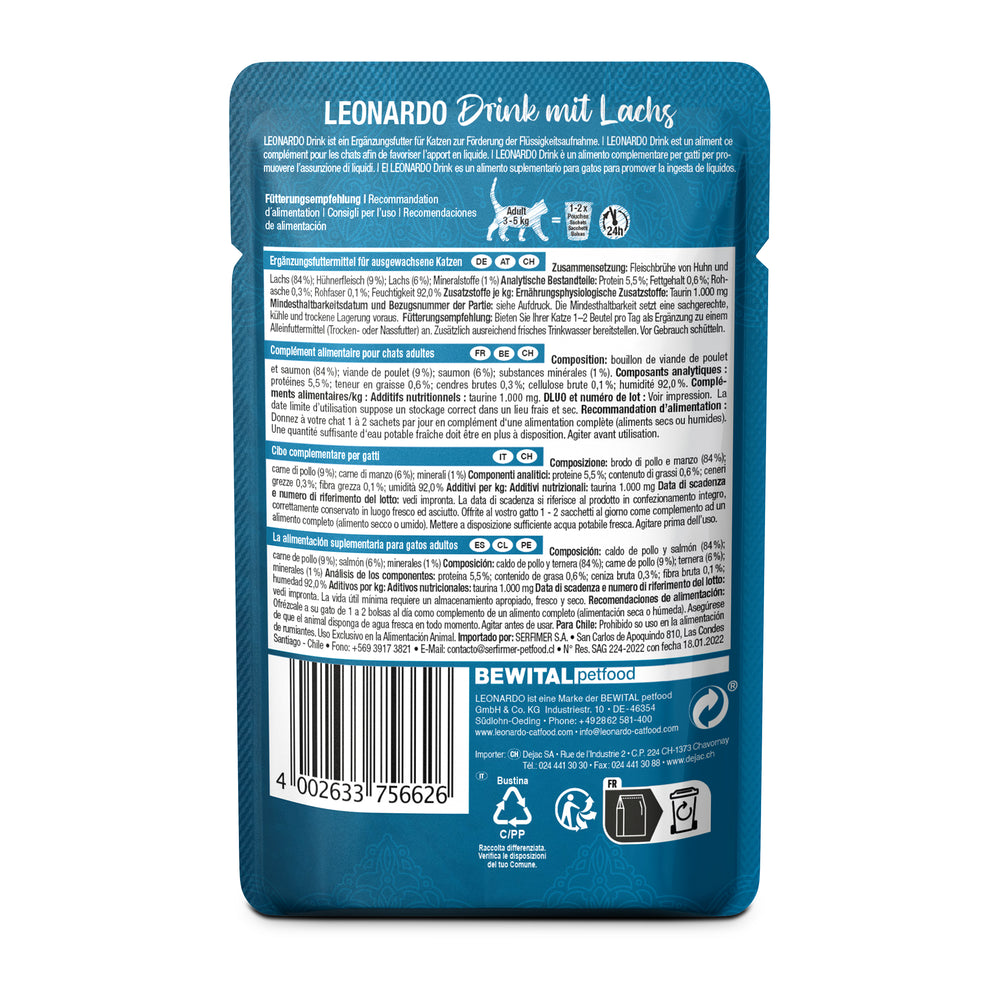 Información nutricional Leonardo Drink caldo de pollo y salmón para gatos