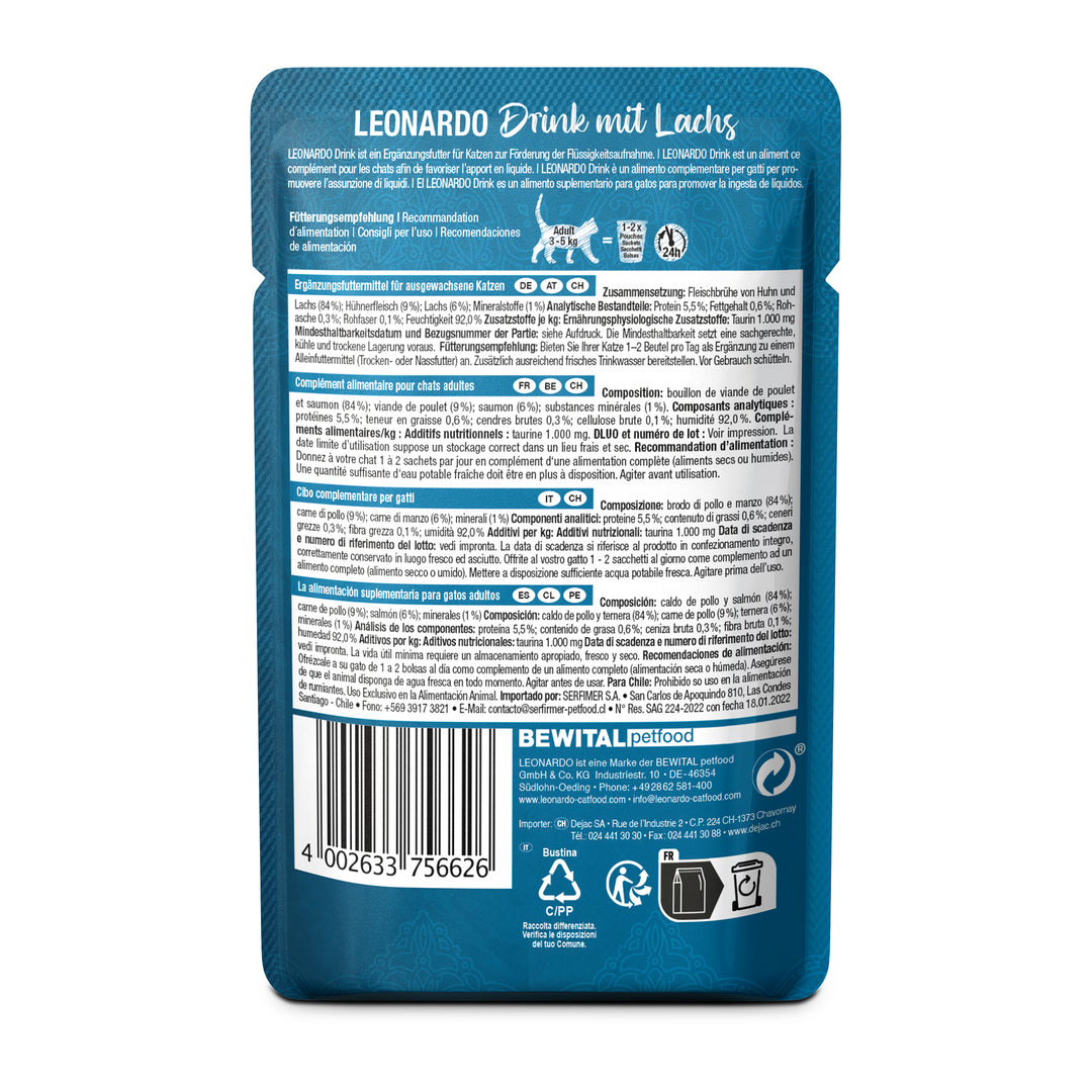 Información nutricional Leonardo Drink caldo de pollo y salmón para gatos