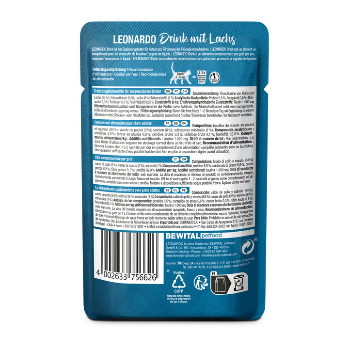 Información nutricional Leonardo Drink caldo de pollo y salmón para gatos