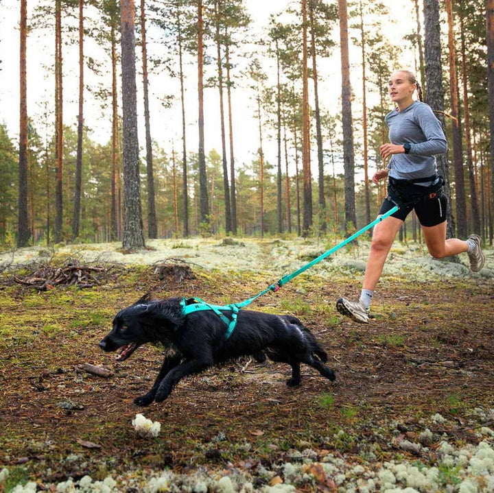 chica corriendo con su perro con una correa bungee de non stop
