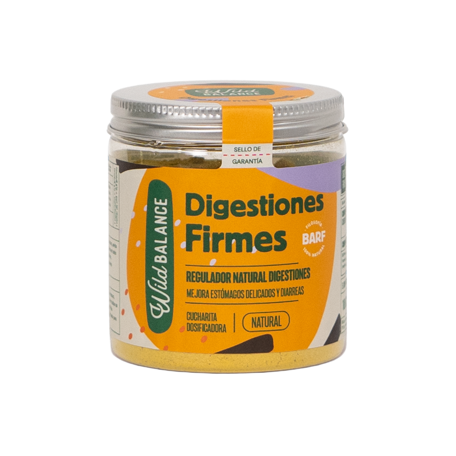 Digestiones Firmes, prebiótico natural para perros y gatos que regula el tránsito intestinal y mejora la salud digestiva.