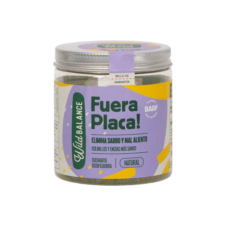 Bote del suplemento dental Fuera Placa de Wild Balance, producto natural para perros y gatos que elimina el sarro y el mal aliento.