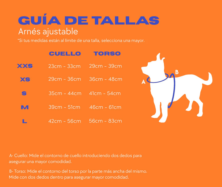 guia de tallas para los arneses ajustables de Pollo and Paco 