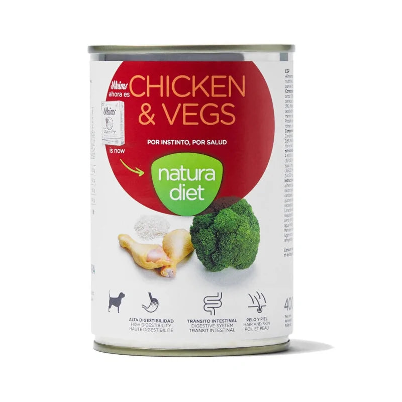 Lata de comida húmeda Natura Diet Dog Chicken & Vegs para perros adultos con pollo y verduras