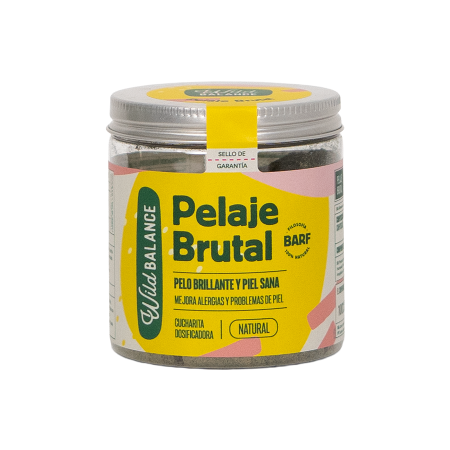 Bote de Pelaje Brutal de Wild Balance, suplemento 100% natural para perros y gatos que mejora la salud de la piel y el pelo.
